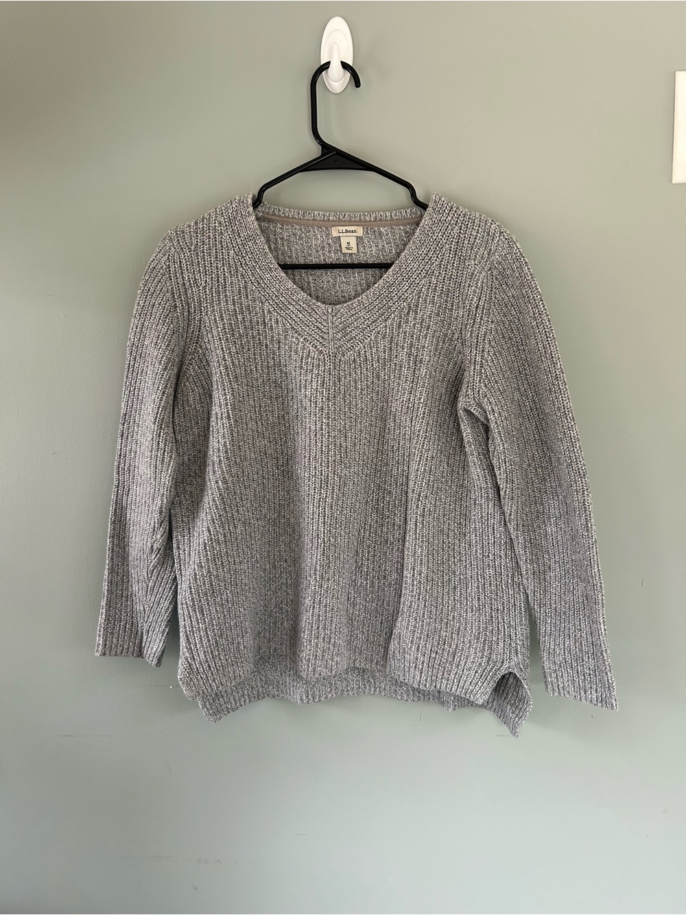 L.L. Bean Heather Gray V-Neck Ribbed Knit Sweater